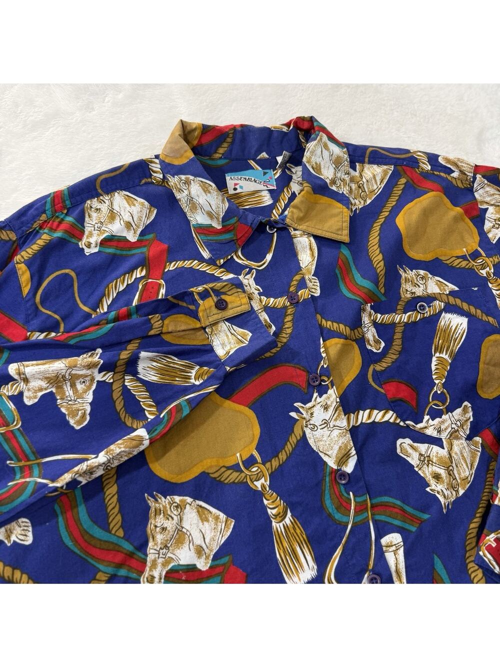 Vintage 90's Horse Equestrian Pring Blouse Sz Large Shoulder Pads Western Rodeo